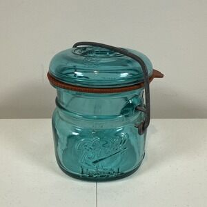 Vintage Ball Ideal 1/2 Pint Bicentennial Eagle Mason‎ Jar Teal Wire Bail & Lid